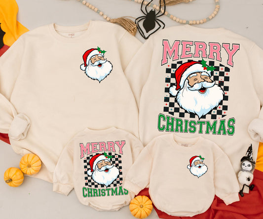 Matching Merry Christmas Santa Sweatshirt Toddler Baby Outfit, Retro Xmas Gift, Red Green White Black Colors, Cute Baby Newborn Clothing