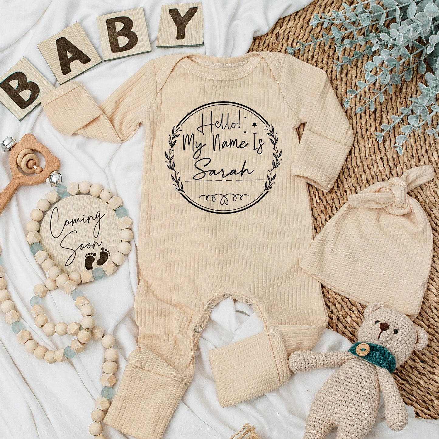 Hello Sarah Baby Bodysuit Personalized Name Baby Girl Boy Outfit Custom Wreath Stars Flourishes Newborn Gift