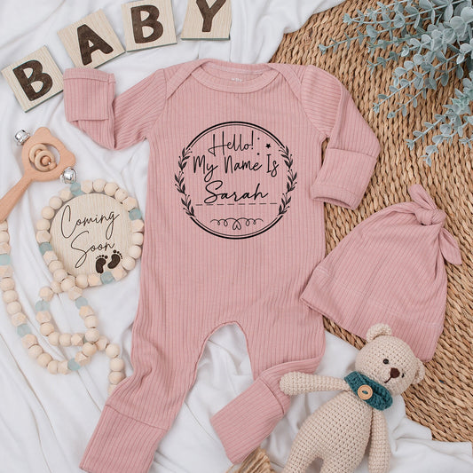 Hello Sarah Baby Bodysuit Personalized Name Baby Girl Boy Outfit Custom Wreath Stars Flourishes Newborn Gift