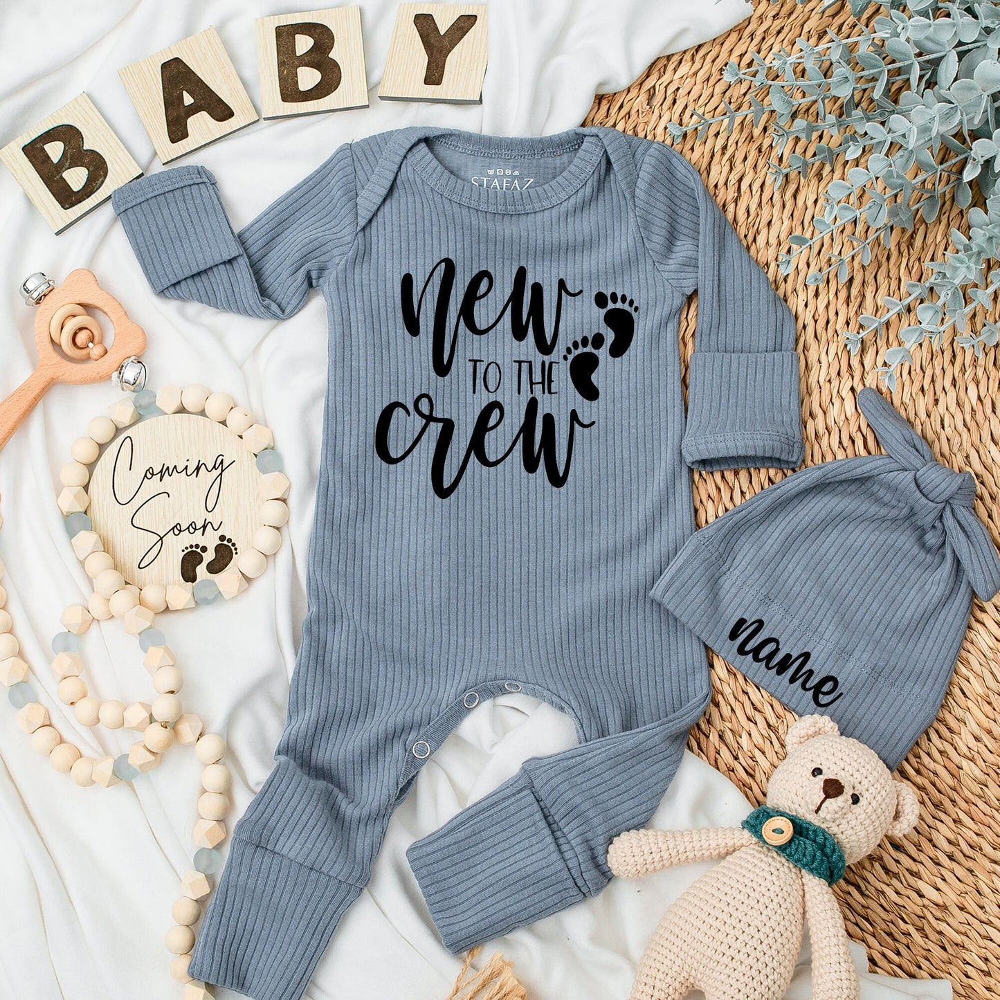 Personalized New to the Crew Baby Bodysuit Set & Hat, Newborn Going Home Outfit, Custom Name, Baby Shower Gift, Newborn Outfit