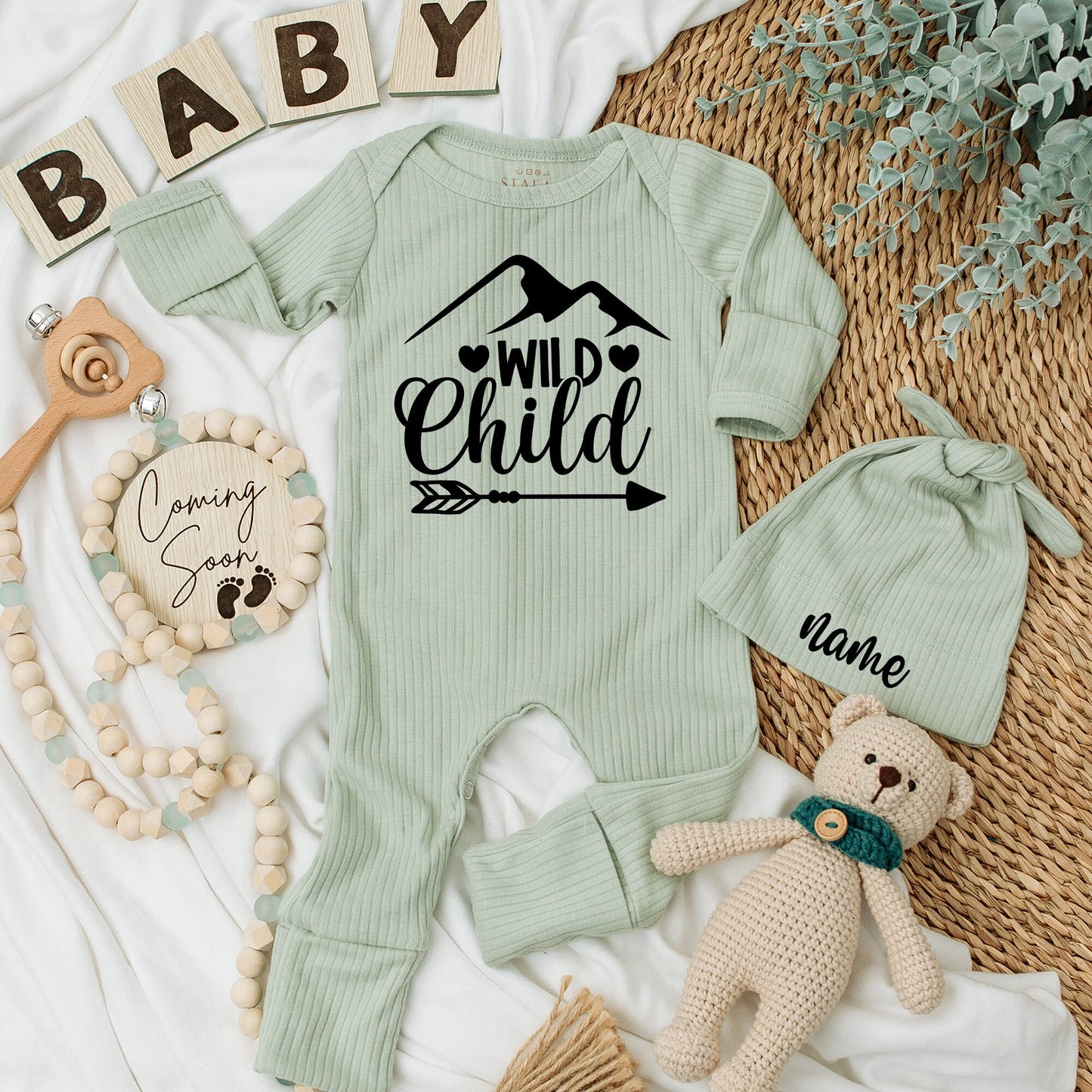 Wild Child Personalized Baby Bodysuit & Hat Set, Mountain Arrow Newborn Clothes, Custom Name Outfit, Coming Home, Baby Boy/Girl Gift Set 134