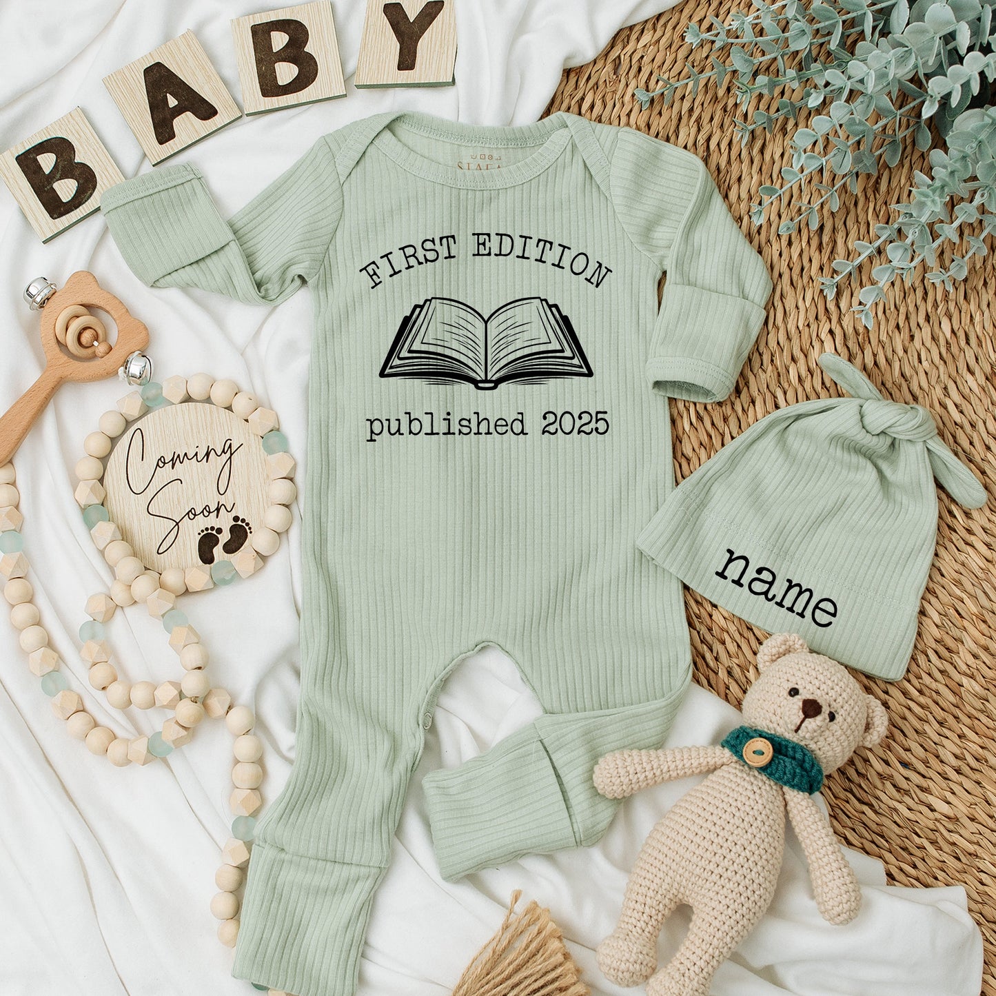 First Edition Baby Bodysuit & Matching Hat Set, Published 2025, Vintage Book Design, Baby Announcement, First Edition Baby Outfit, Bookish Baby Gift