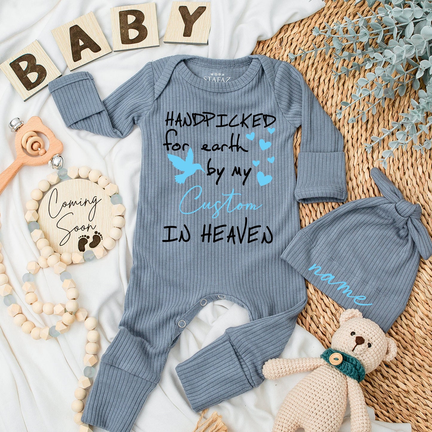 Handpicked for Earth by My Great Grandpa Grandma in Heaven Baby Bodysuit Newborn Pregnancy Announcement Gift Sentimental Blue Hearts