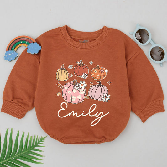 Custom Name Retro Pumpkin Romper: Baby's First Fall Thanksgiving Gift