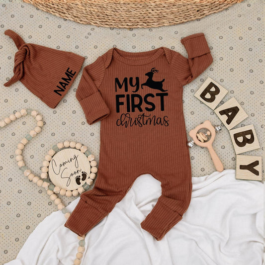 My First Christmas Baby Long Sleeve Romper Black Reindeer Design Soft Festive Newborn Going Home Outfit Boys Girls Holiday Gift Idea