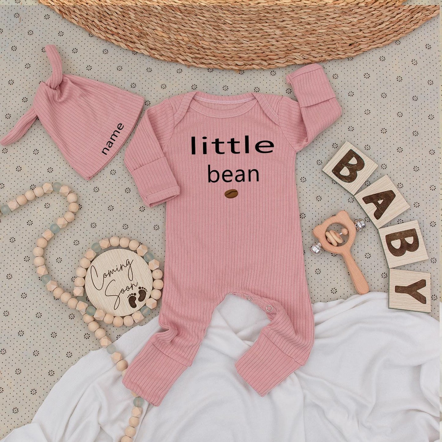 Little Bean Coffee Bodysuit and Hat Set Personalized Name Baby Gift Unisex Newborn Going Home Outfit Modern Minimalist