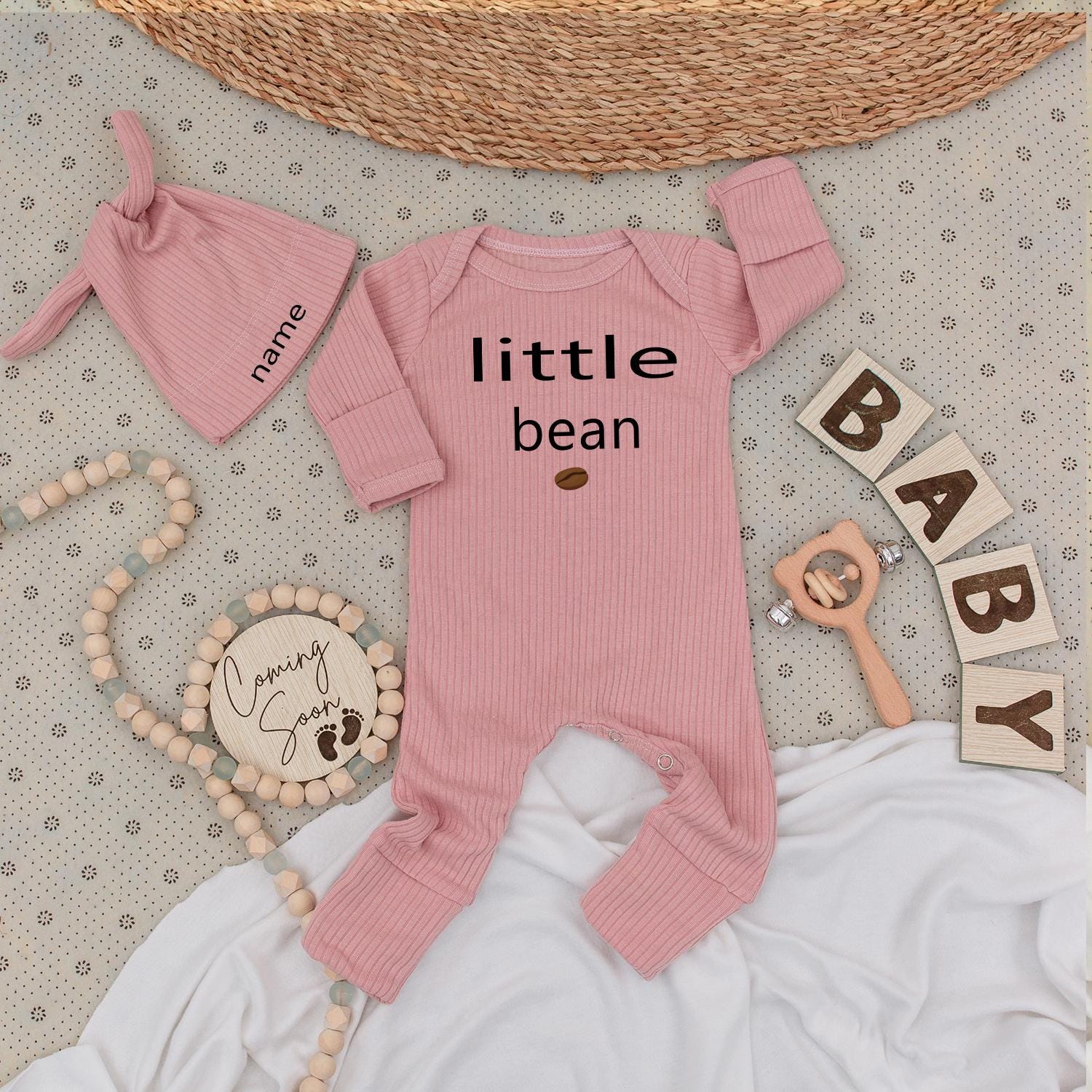 Little Bean Coffee Bodysuit and Hat Set Personalized Name Baby Gift Unisex Newborn Going Home Outfit Modern Minimalist