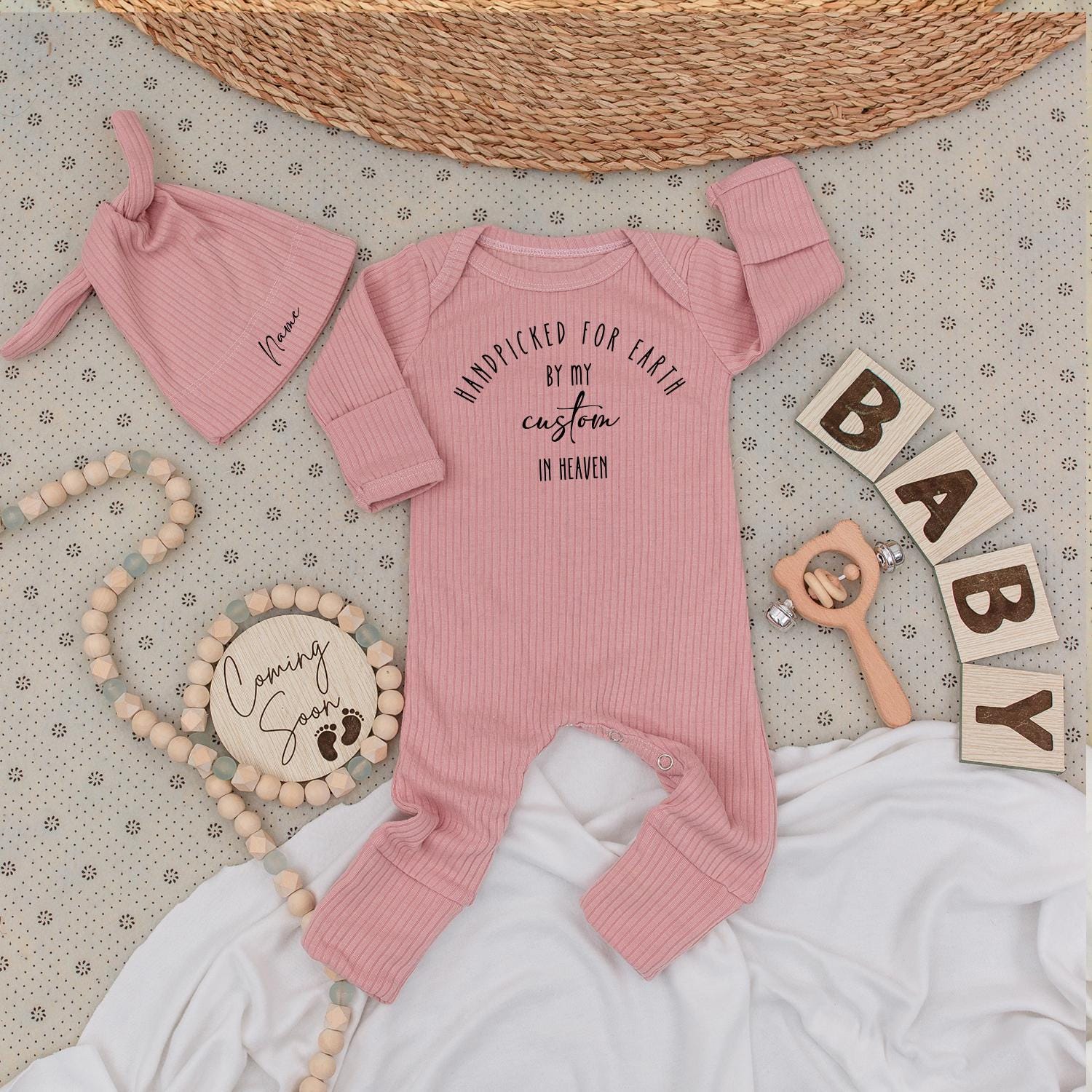 Heaven Sent Custom Name Bodysuit & Hat Set, Handpicked Baby Outfit, Great Grandparent Gift, Personalized Newborn Clothes, Shower Present Idea 139 char