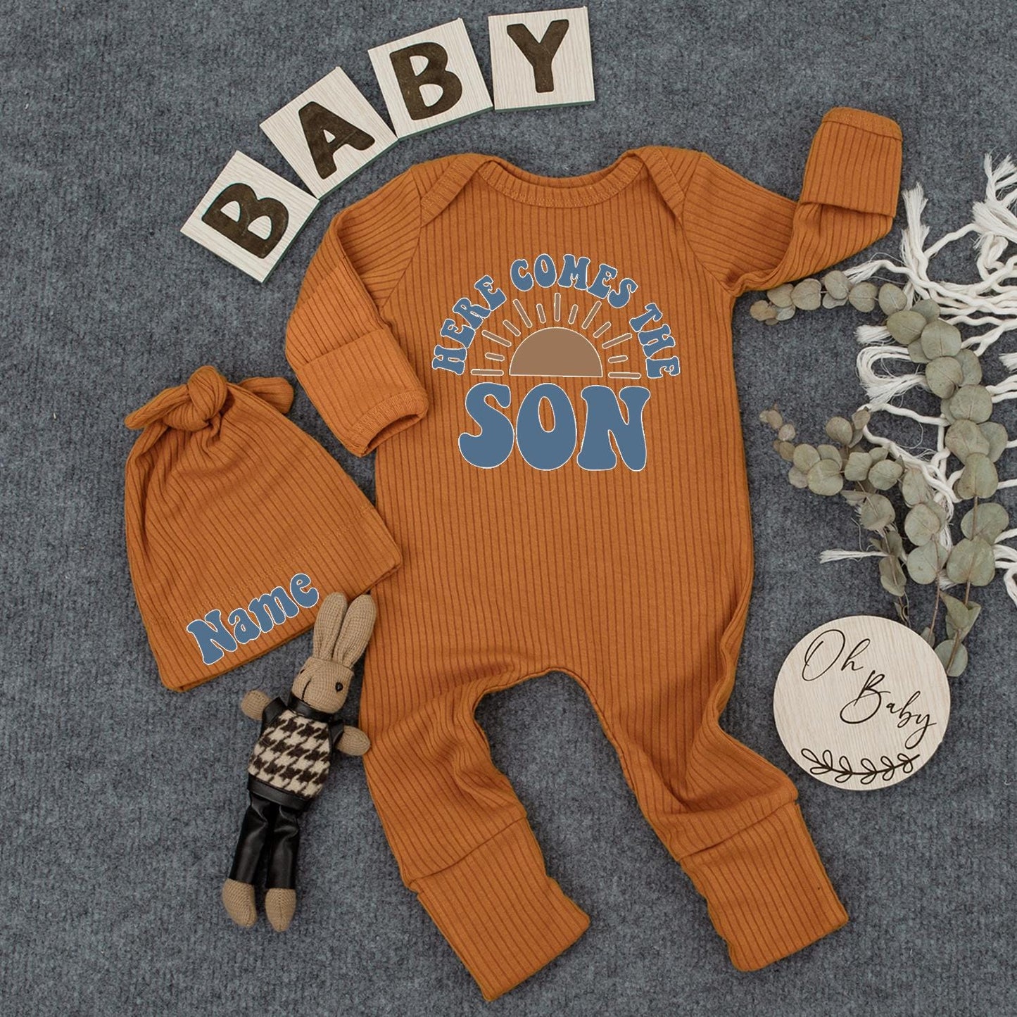 Here Comes The Son Baby Boy Bodysuit - Retro Sun Design Newborn Outfit & Announcement Gift - Blue Block Text, Vintage Style Baby Shower Gift
