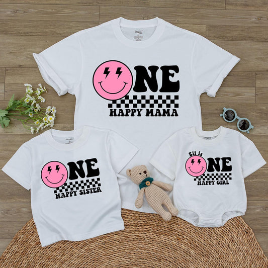 Personalized One Happy Girl First Birthday Bodysuit Pink Smiley Face Lightning Eyes Checkered Print Baby Toddler Outfit