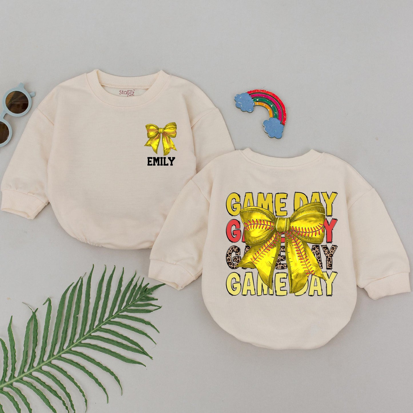 Softball Game Day Romper - Personalized Baby Outfit & Retro Bow