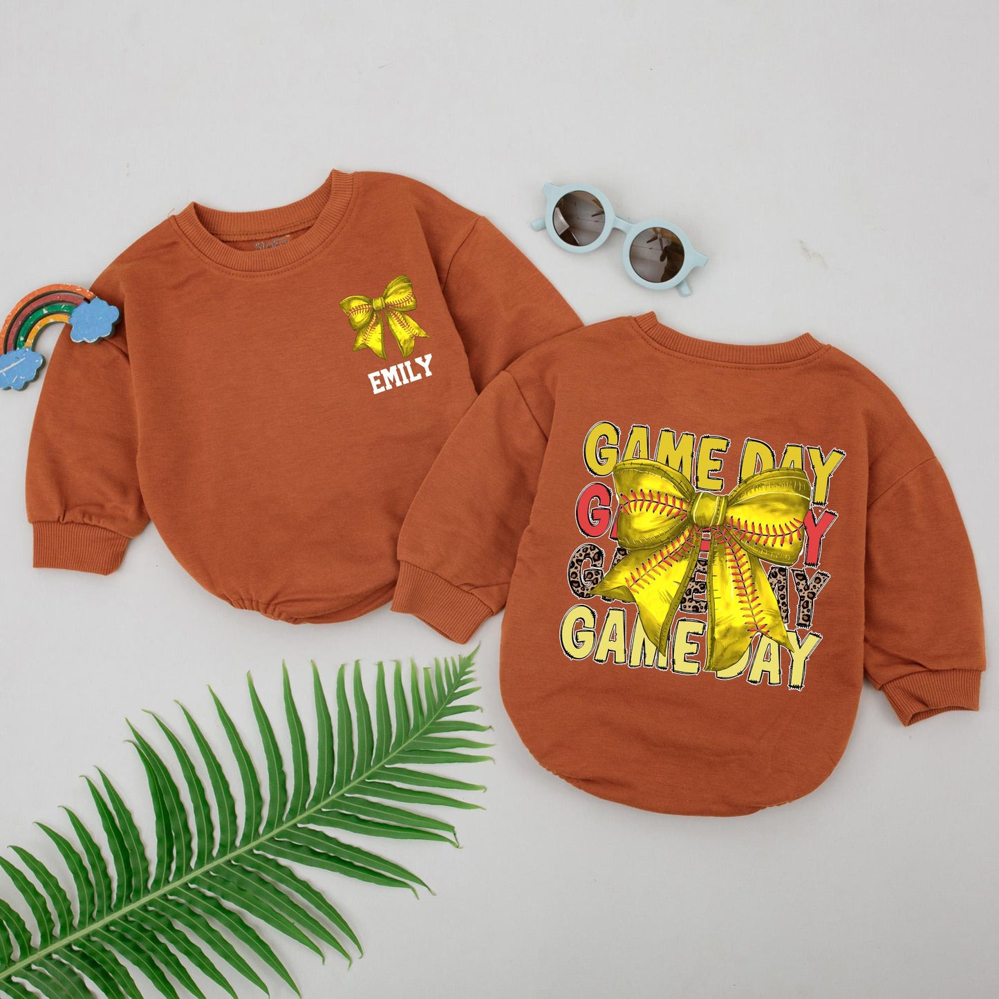 Softball Game Day Romper - Personalized Baby Outfit & Retro Bow