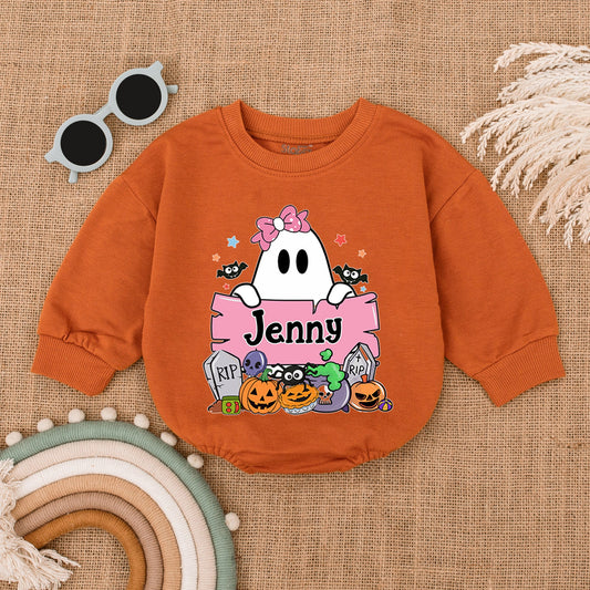 Personalized Ghost Romper My First Halloween Outfit, Cute Boo! Romper, Pink Bow Pumpkin Tombstone Bats Baby Girl Costume Shower Gift, Infant Outfit 138 char