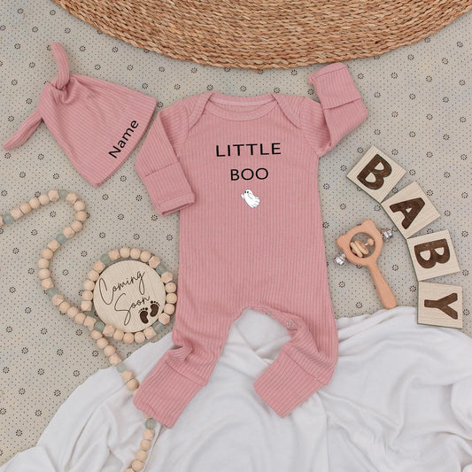 Little Boo Baby Bodysuit & Hat Set, Spooky Cute Halloween Outfit, Custom Name Romper, Ghost Jumpsuit, Fall Newborn Clothes, Perfect Baby Shower Gift (139)