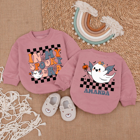 Spooky Era Baby Bodysuit Retro Ghost Outfit, First Halloween Romper for Baby Amanda, Groovy Fall Clothes with Pumpkins and Bats (137 chars)