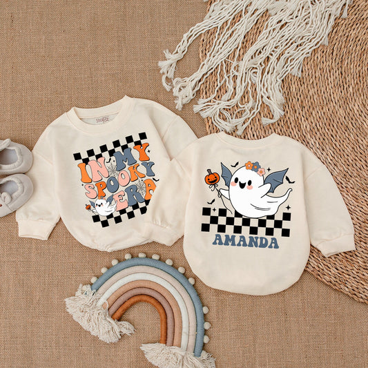 Spooky Era Baby Bodysuit Retro Ghost Outfit, First Halloween Romper for Baby Amanda, Groovy Fall Clothes with Pumpkins and Bats (137 chars)