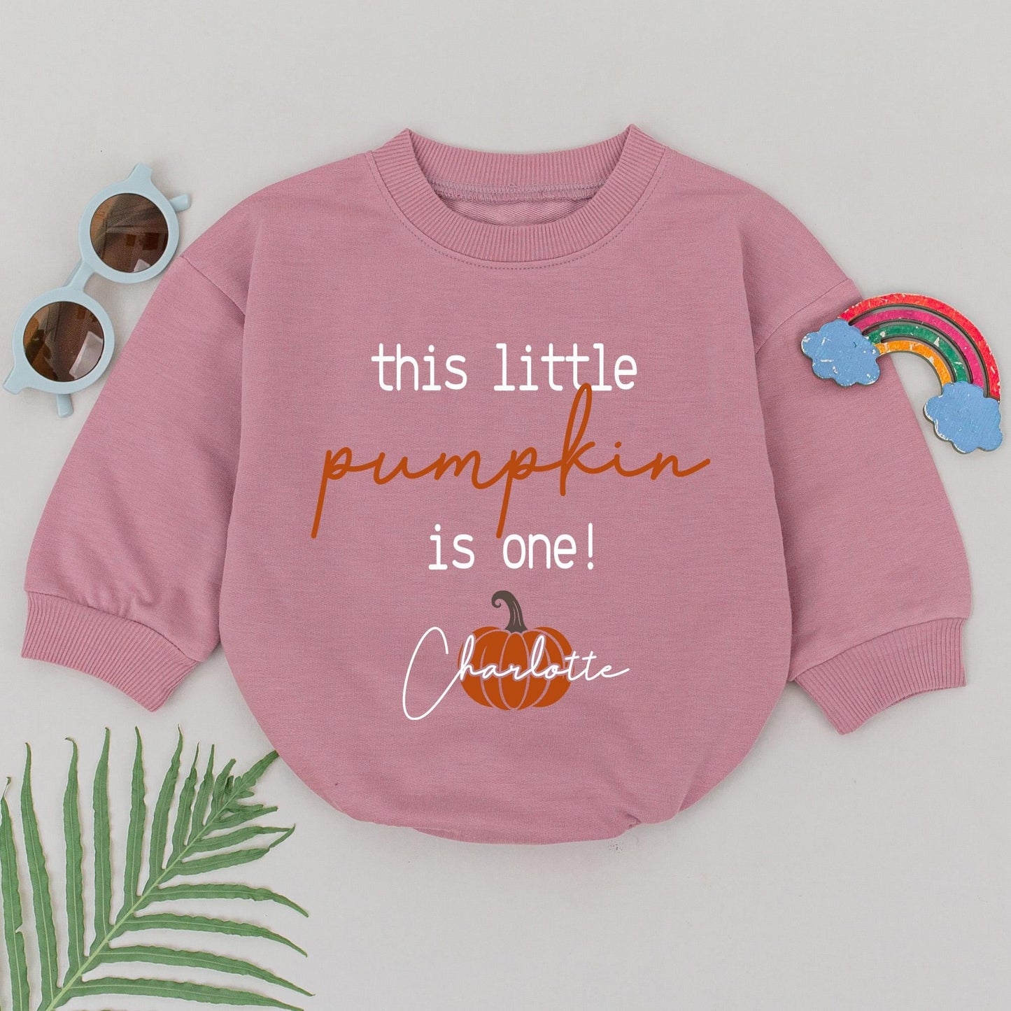 Personalized This Little Pumpkin Is One Romper Charlotte Baby Girl First Birthday Outfit Retro Thanksgiving Gift Shower