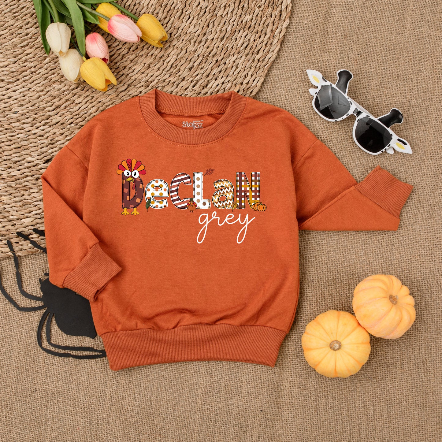 Personalized First Thanksgiving Toddler Sweatshirt, Decorative Fall Turkey Pumpkin Design Kid Outfit, Autumn Harvest Celebration Apparel