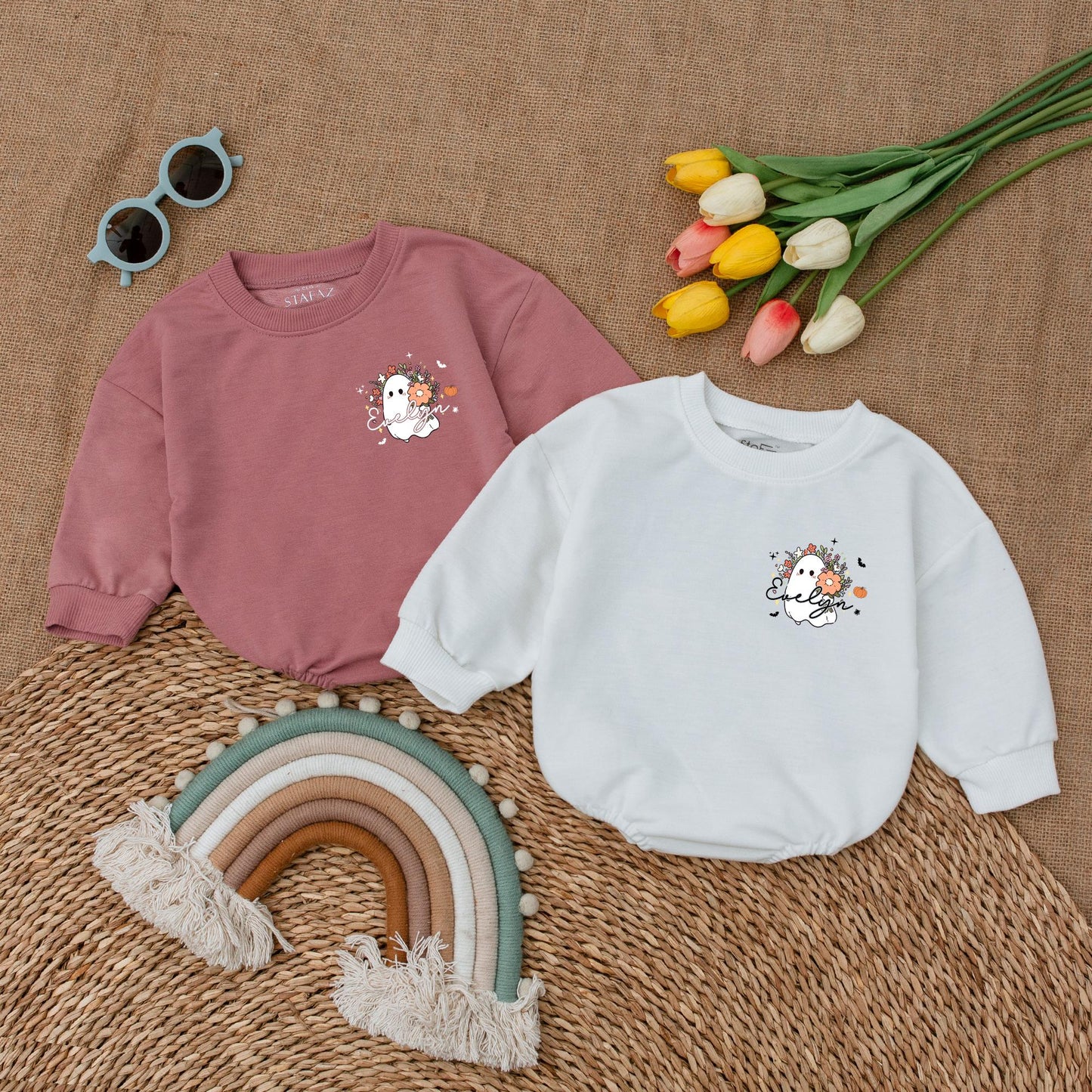 Personalized My First Halloween Romper Set, Evelyn's Spooky Debut, Ghost & Pumpkins Baby Outfit, Fall Bodysuit, Custom Spooky Season Baby Shower Gift