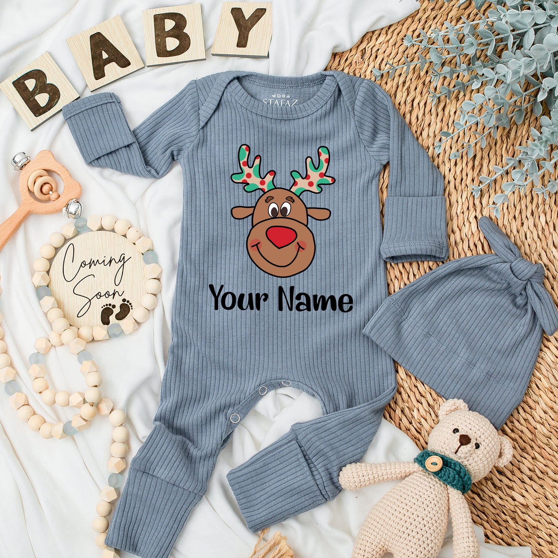 Personalized Baby Reindeer Name Christmas Romper Soft Long Sleeve Newborn Outfit Festive Cartoon Red Nose Antlers Polka Dot Boy Girl Gift