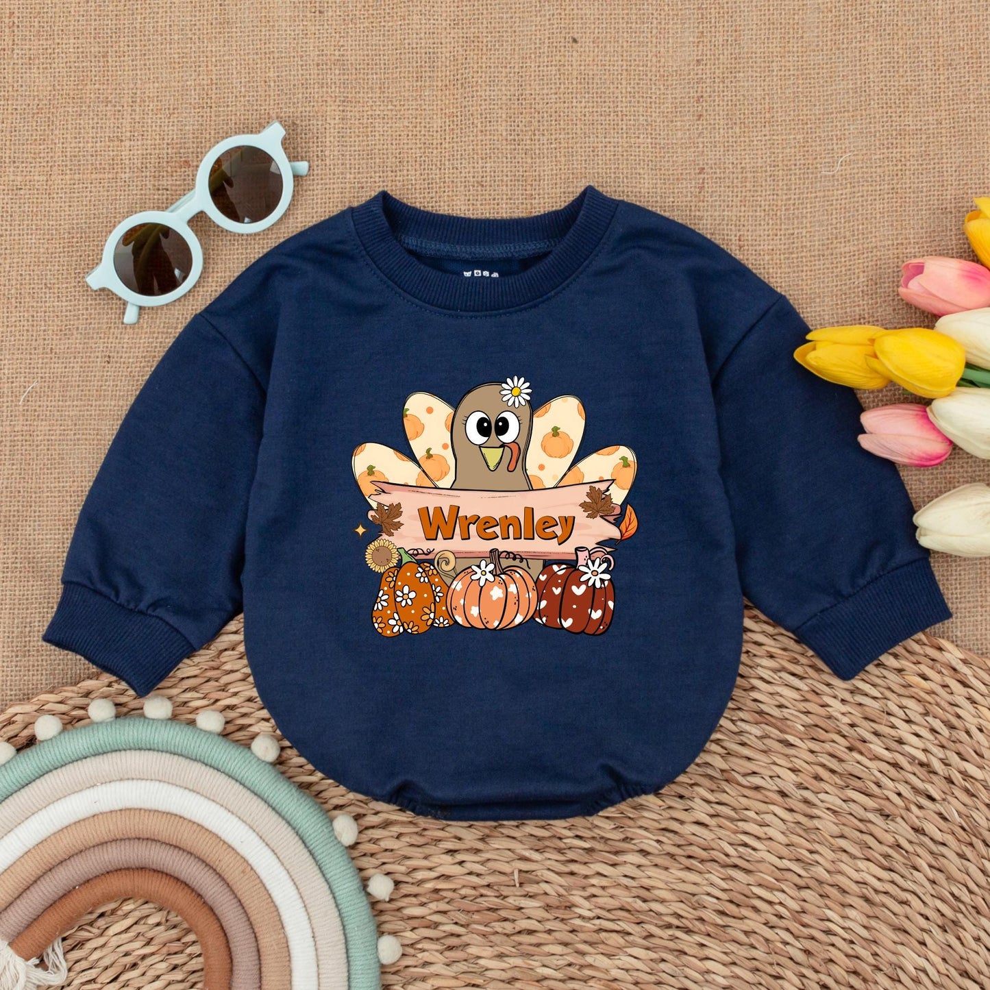 Pumpkin Turkey Baby Romper: First Thanksgiving Girl Bodysuit
