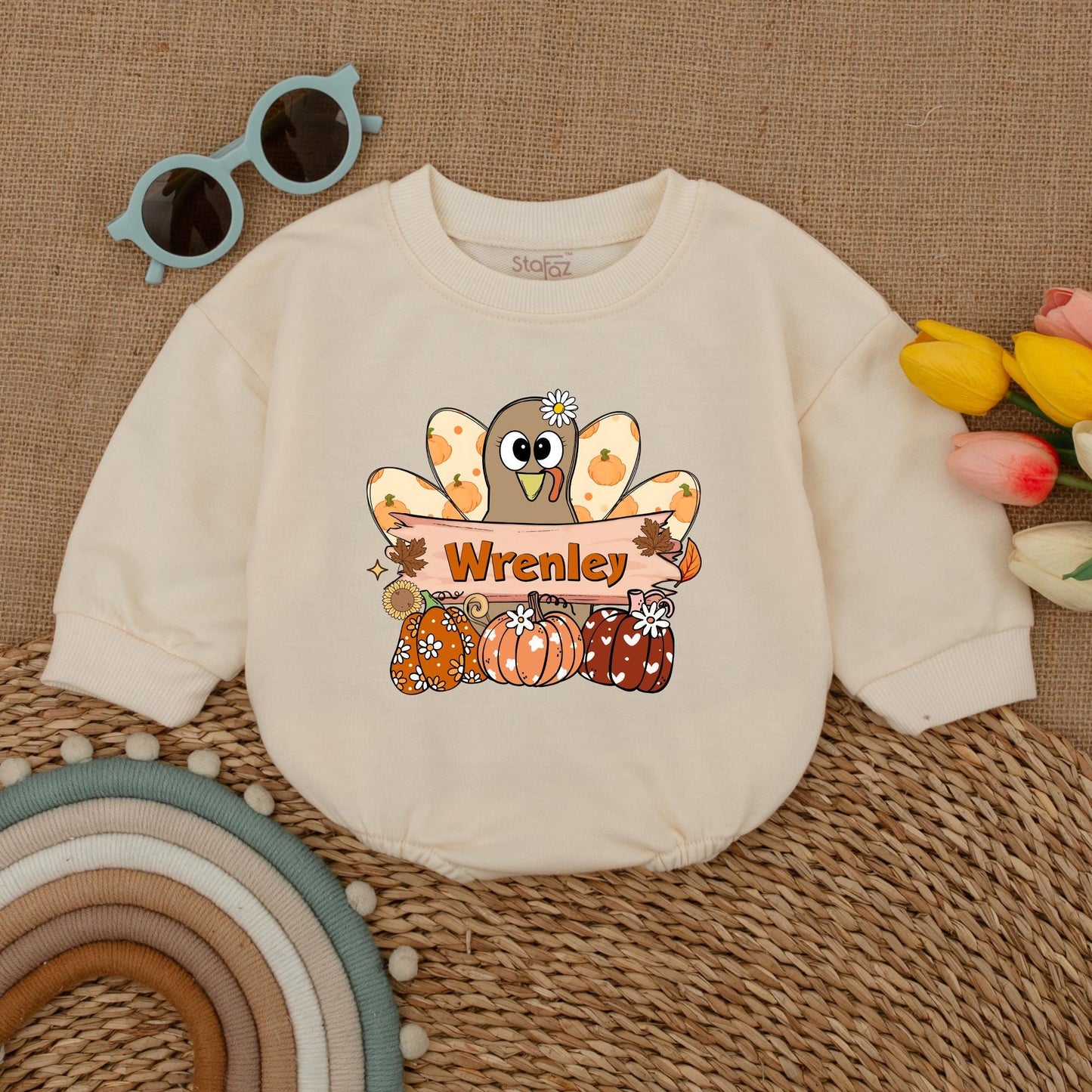 Pumpkin Turkey Baby Romper: First Thanksgiving Girl Bodysuit