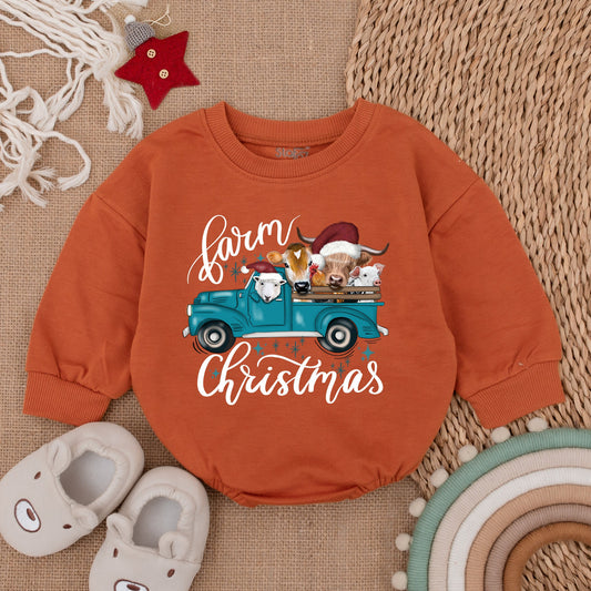 First Christmas Farm Baby Romper - Cozy Newborn Holiday Bodysuit