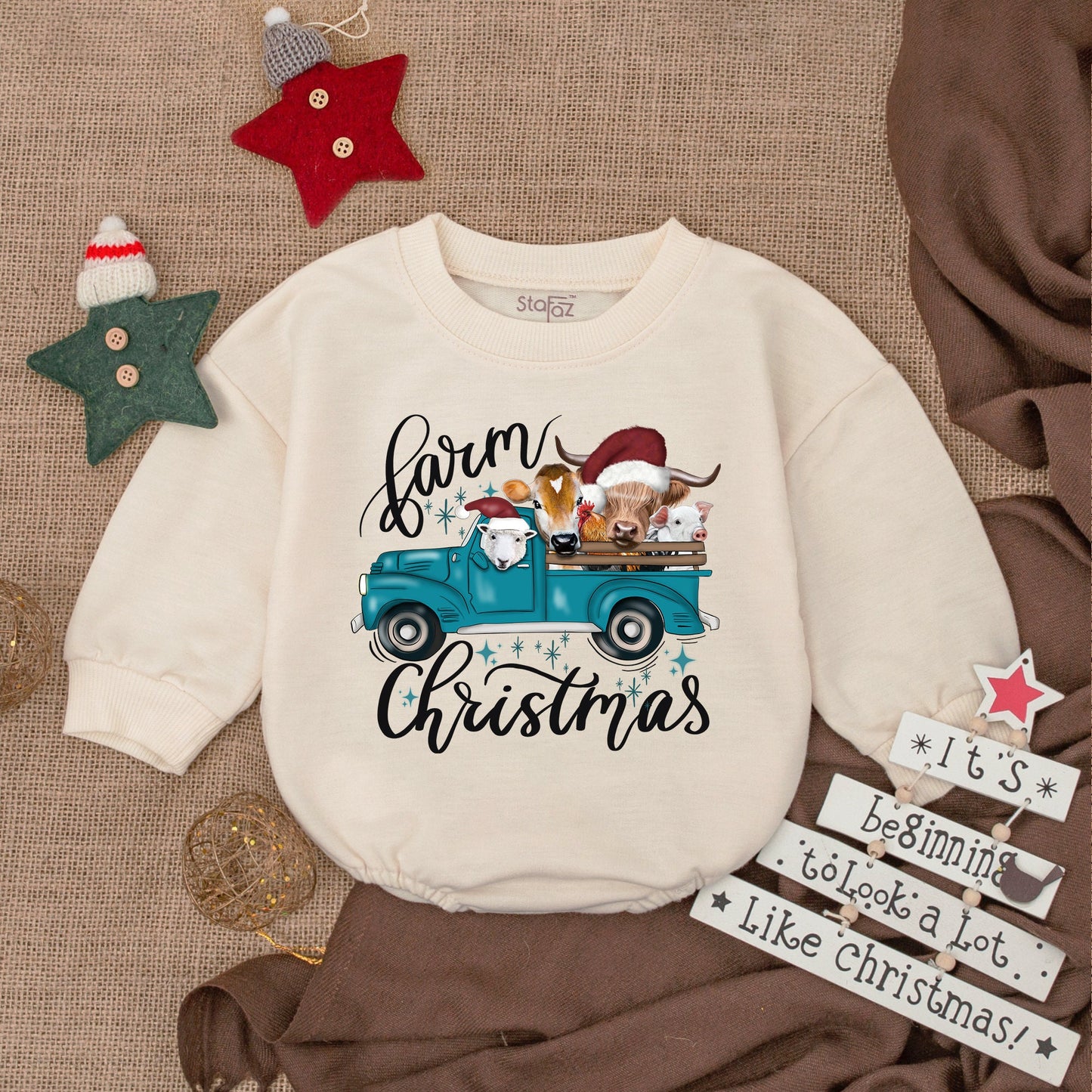 First Christmas Farm Baby Romper - Cozy Newborn Holiday Bodysuit