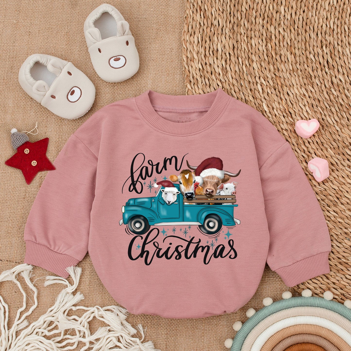 First Christmas Farm Baby Romper - Cozy Newborn Holiday Bodysuit