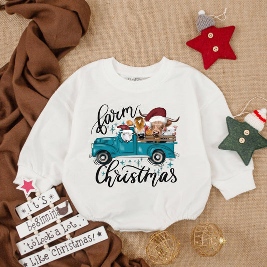 First Christmas Farm Baby Romper - Cozy Newborn Holiday Bodysuit