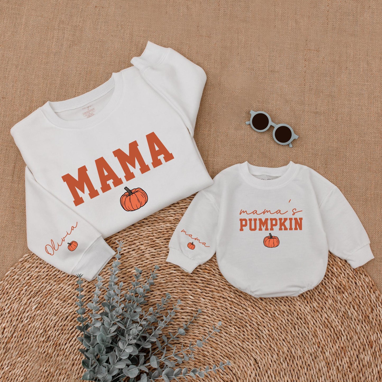 Mama's Pumpkin Sweatshirt Romper Matching Mommy and Me Fall Thanksgiving Outfit for Baby and Toddler