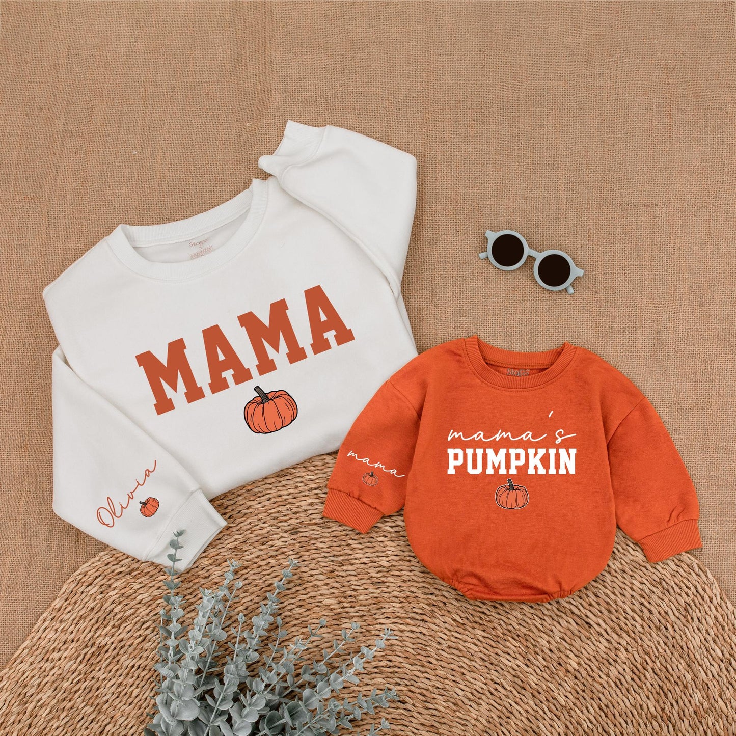 Mama's Pumpkin Sweatshirt Romper Matching Mommy and Me Fall Thanksgiving Outfit for Baby and Toddler