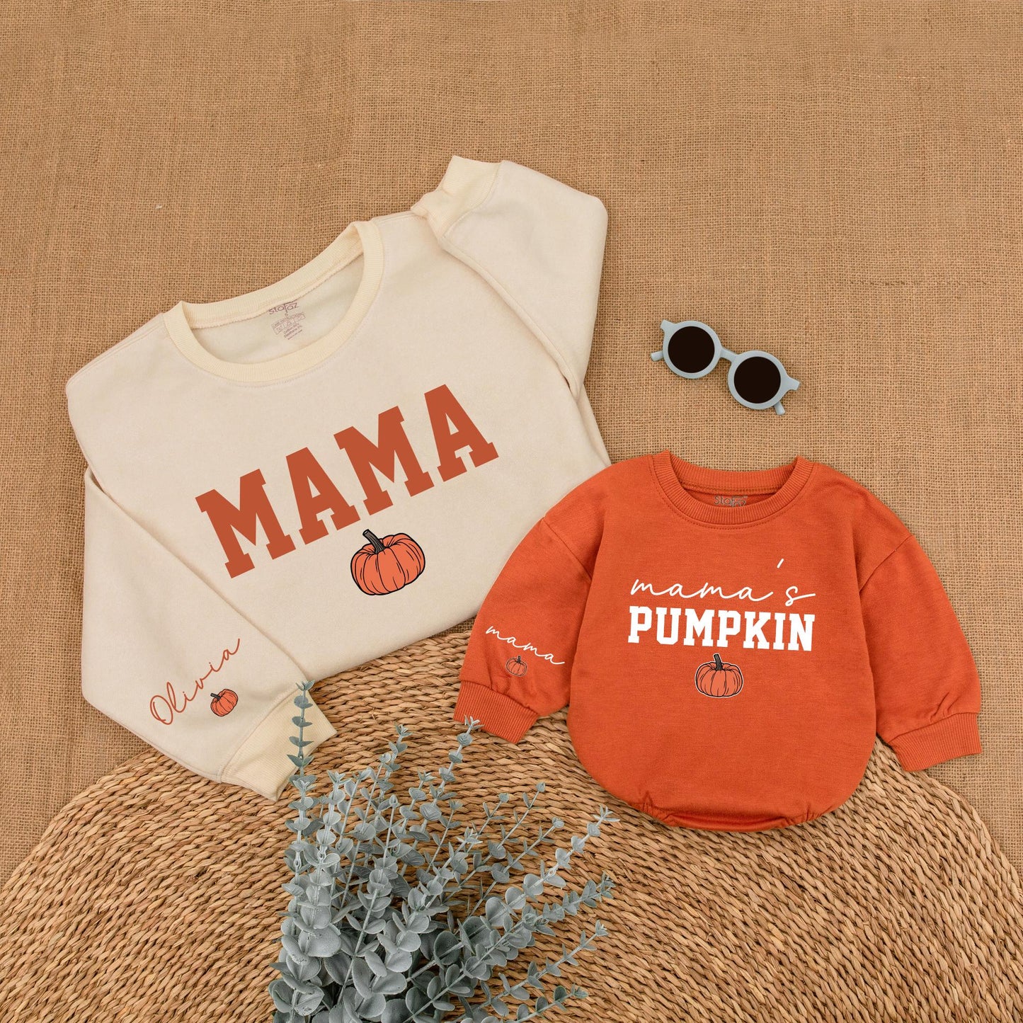 Mama's Pumpkin Sweatshirt Romper Matching Mommy and Me Fall Thanksgiving Outfit for Baby and Toddler