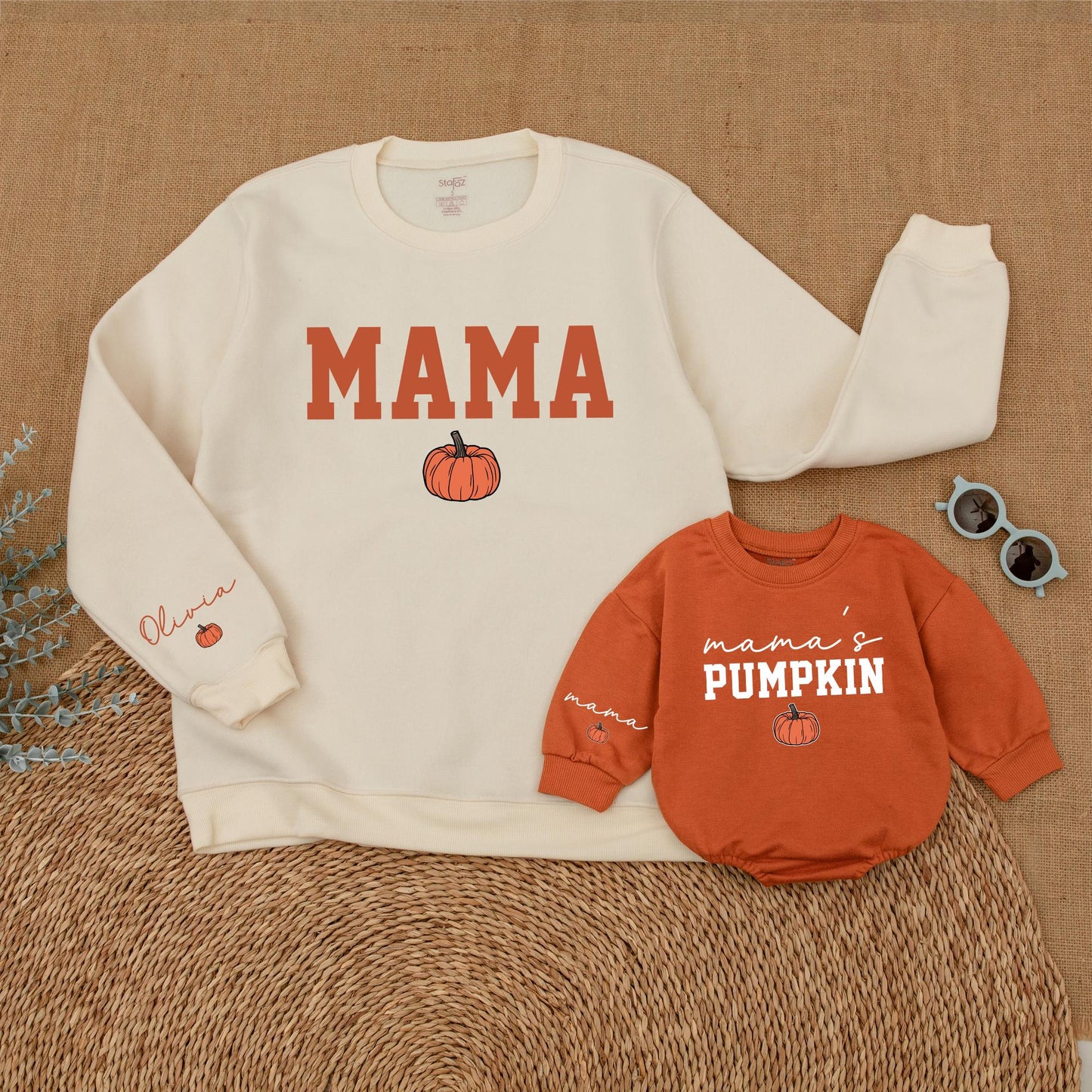 Mama's Pumpkin Sweatshirt Romper Matching Mommy and Me Fall Thanksgiving Outfit for Baby and Toddler