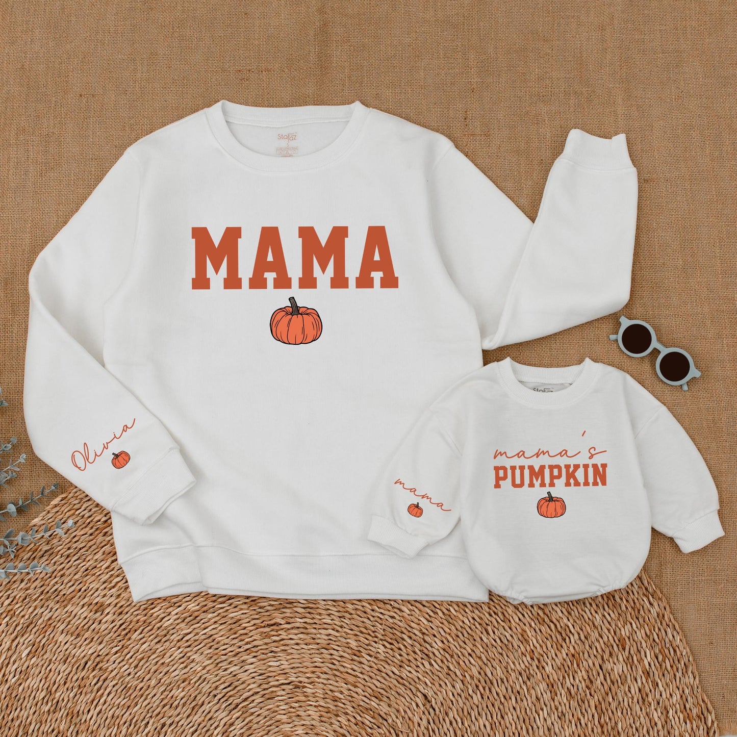 Mama's Pumpkin Sweatshirt Romper Matching Mommy and Me Fall Thanksgiving Outfit for Baby and Toddler