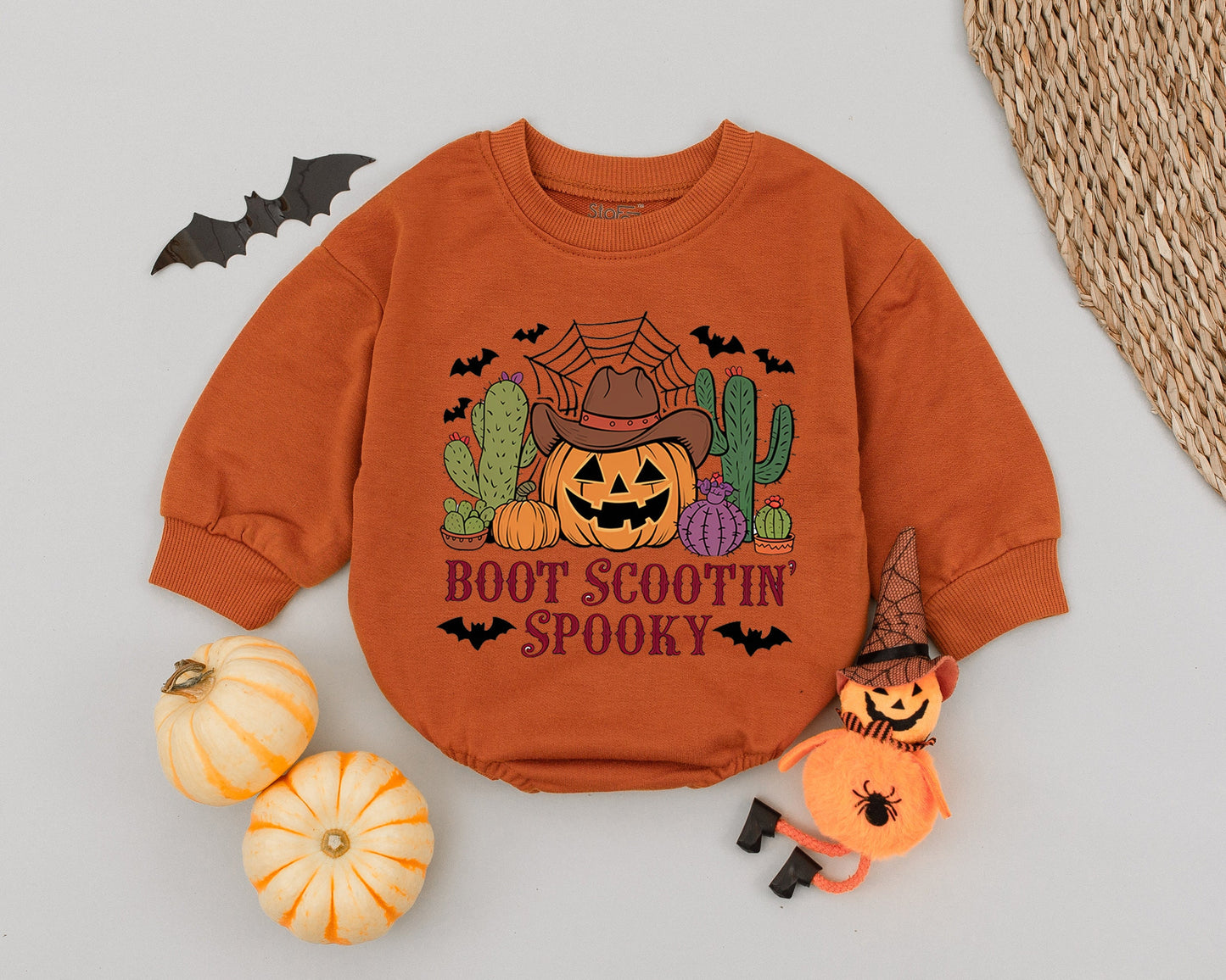 Boot Scootin' Spooky Baby Romper First Halloween Outfit Pumpkin Cowboy Toddler Costume Vintage Western Fall Bodysuit with Cacti & Bats