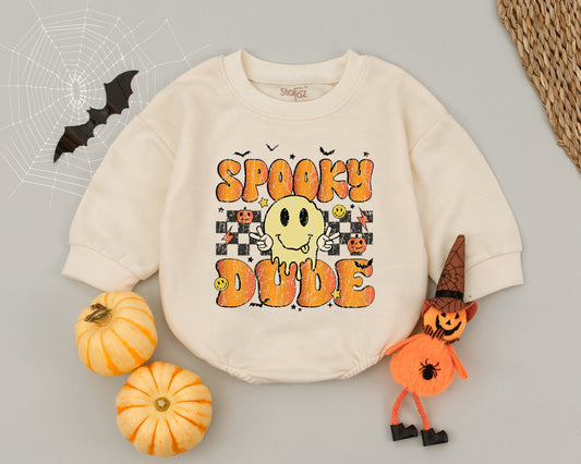 Spooky Dude Halloween Romper Retro Checkered Outfit Funny Smiley Face Baby Boy Costume First Halloween Playful Bodysuit Vintage Fall Clothes 137