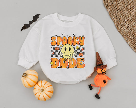 Spooky Dude Halloween Romper Retro Checkered Outfit Funny Smiley Face Baby Boy Costume First Halloween Playful Bodysuit Vintage Fall Clothes 137