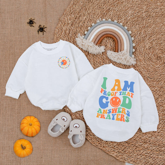 I Am Proof God Answers Prayers Baby Bodysuit Christian Gender Reveal Gift Playful Colorful Newborn Romper with Smiley Face Dove Sunshine Design