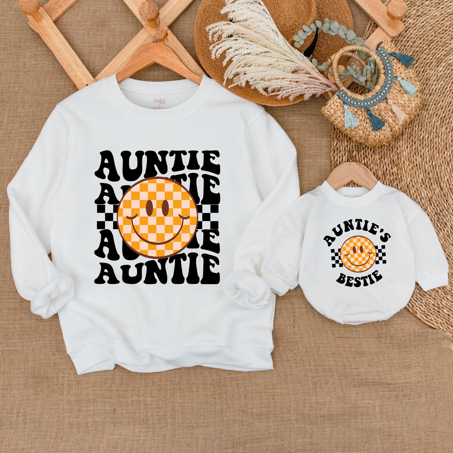 Auntie and Bestie Matching Sweatshirt Set with Retro Checkerboard Smiley Face Adorable Orange Cream Nephew Niece Baby Outfit Gift
