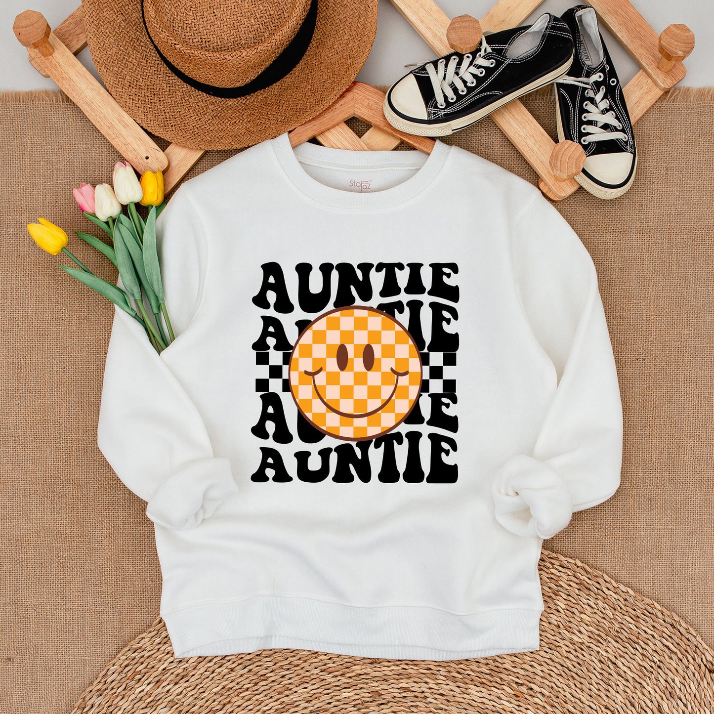Auntie and Bestie Matching Sweatshirt Set with Retro Checkerboard Smiley Face Adorable Orange Cream Nephew Niece Baby Outfit Gift