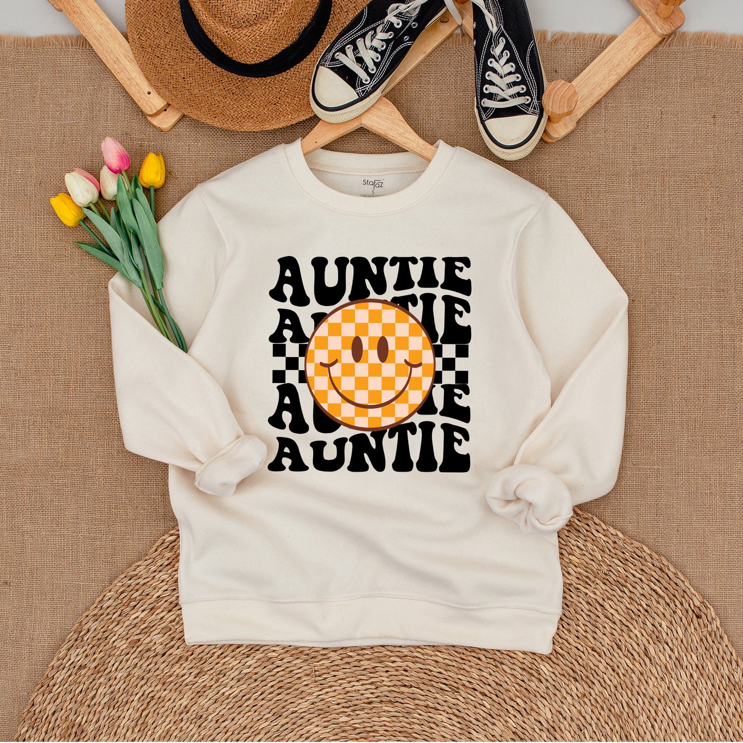 Auntie and Bestie Matching Sweatshirt Set with Retro Checkerboard Smiley Face Adorable Orange Cream Nephew Niece Baby Outfit Gift