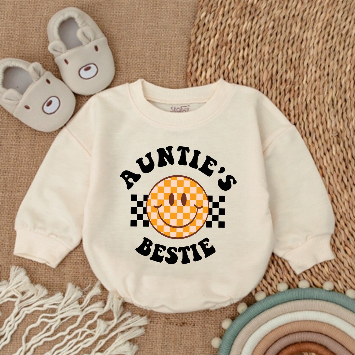 Auntie and Bestie Matching Sweatshirt Set with Retro Checkerboard Smiley Face Adorable Orange Cream Nephew Niece Baby Outfit Gift
