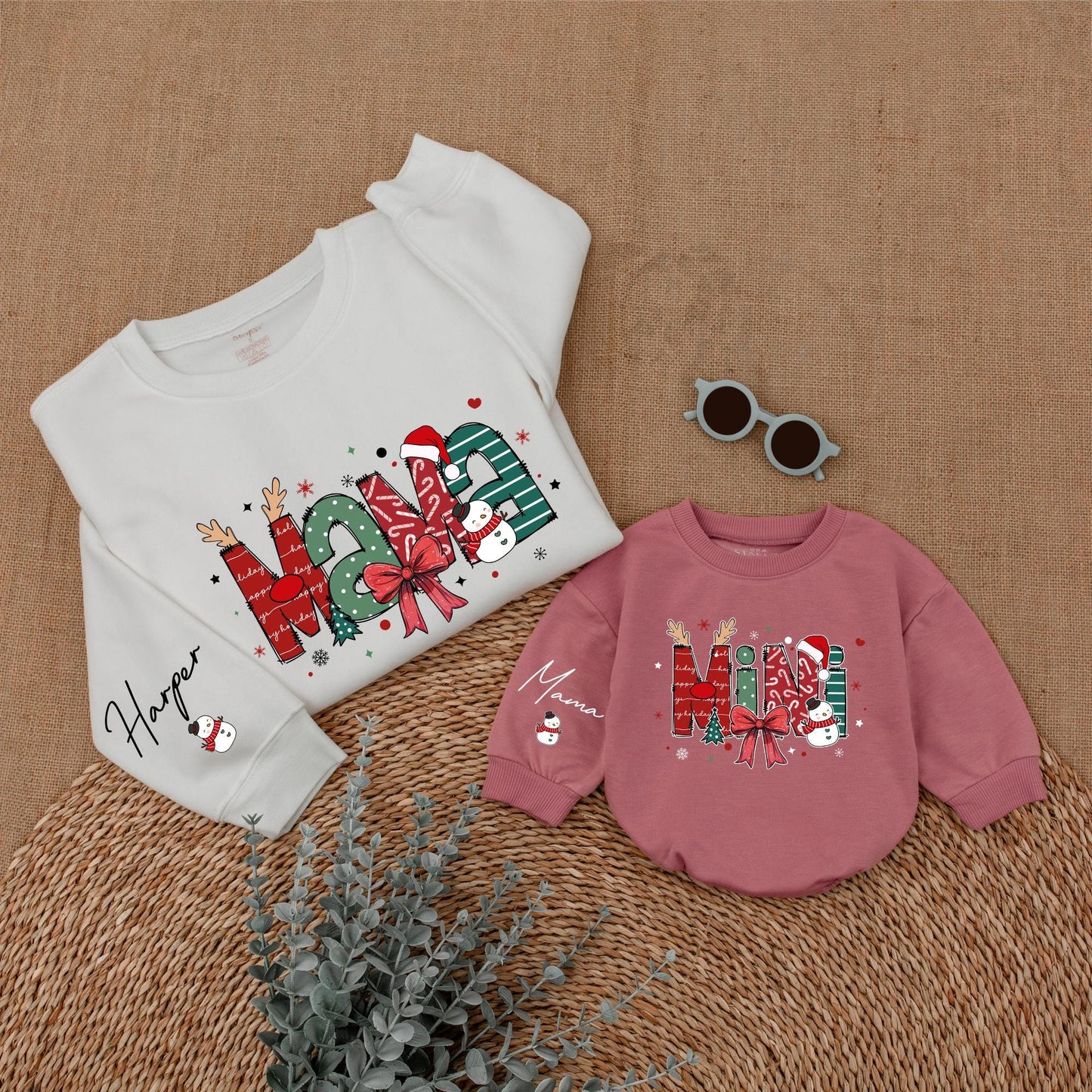 Custom Christmas Mama and Mini Sweatshirts with Festive Holiday Snowmen Snowflakes Trees Whimsical Cheerful Family Outfits Soft Warm Gifts