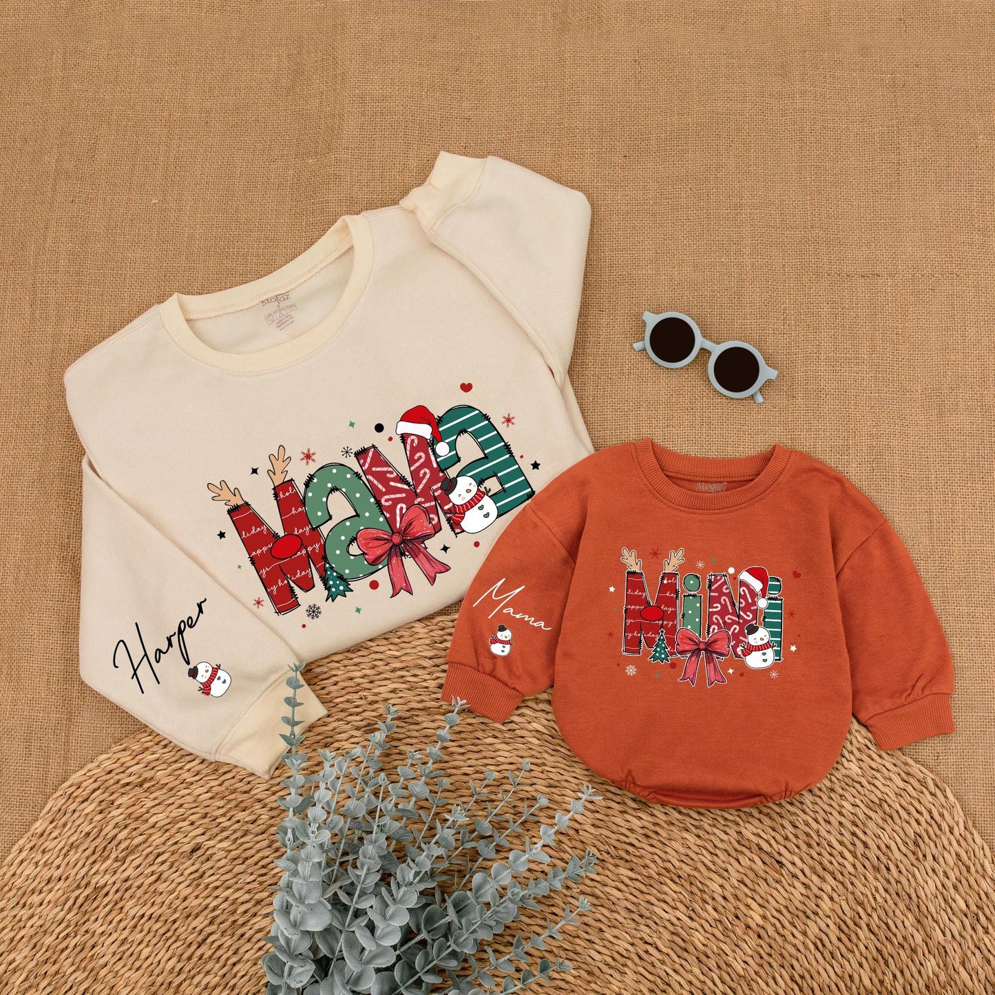 Custom Christmas Mama and Mini Sweatshirts with Festive Holiday Snowmen Snowflakes Trees Whimsical Cheerful Family Outfits Soft Warm Gifts
