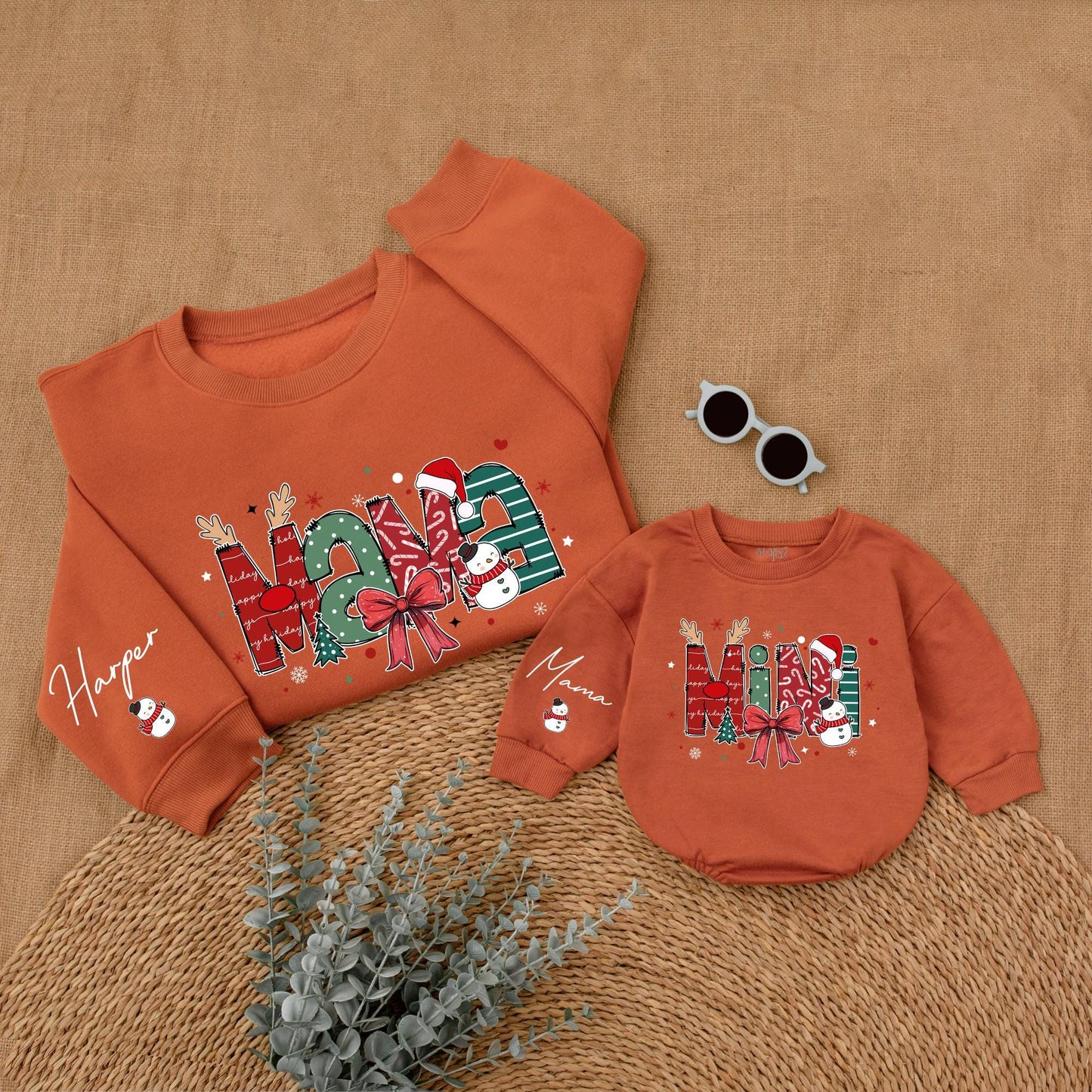 Custom Christmas Mama and Mini Sweatshirts with Festive Holiday Snowmen Snowflakes Trees Whimsical Cheerful Family Outfits Soft Warm Gifts