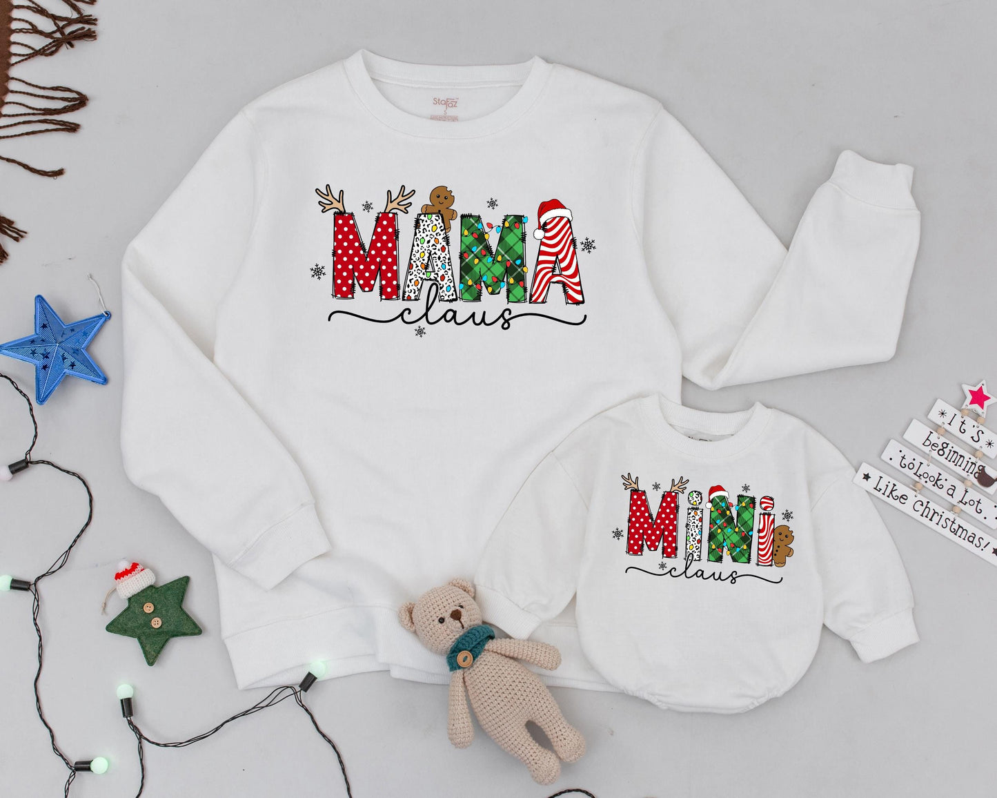 Personalized Retro Mama and Mini Claus Christmas Sweatshirts Mommy and Me Matching Family Outfits with Festive Patterns and Antlers