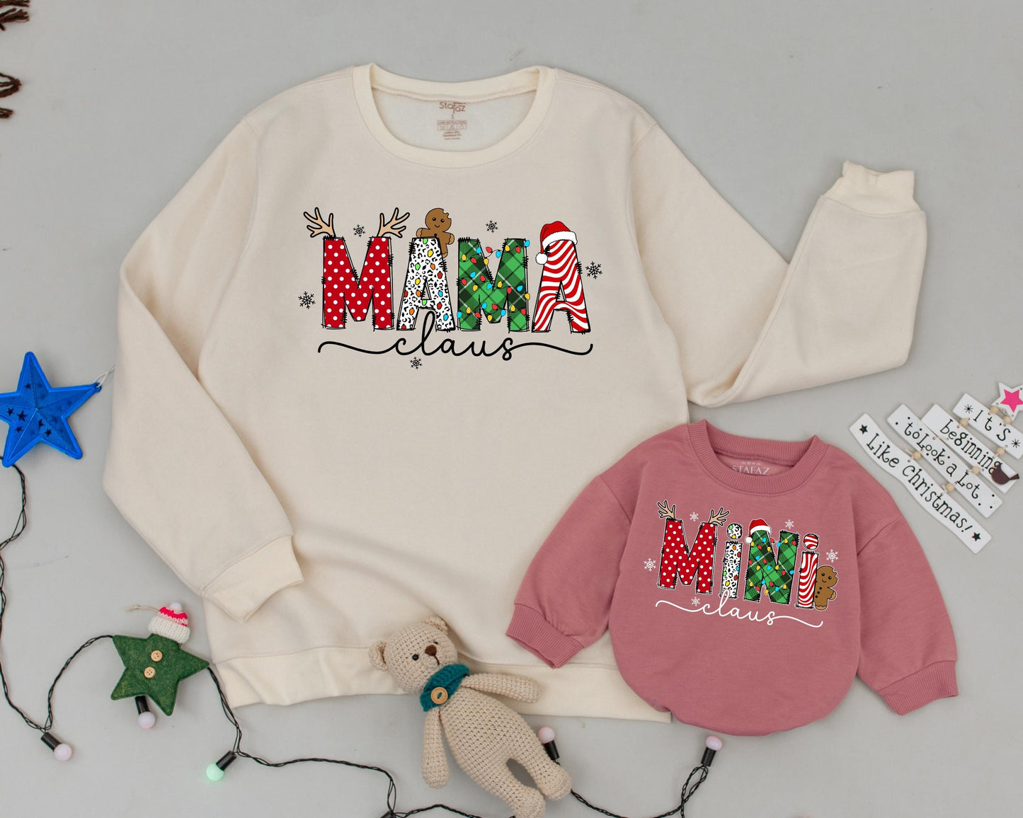 Personalized Retro Mama and Mini Claus Christmas Sweatshirts Mommy and Me Matching Family Outfits with Festive Patterns and Antlers