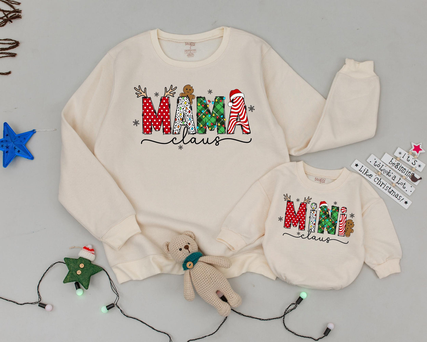 Personalized Retro Mama and Mini Claus Christmas Sweatshirts Mommy and Me Matching Family Outfits with Festive Patterns and Antlers