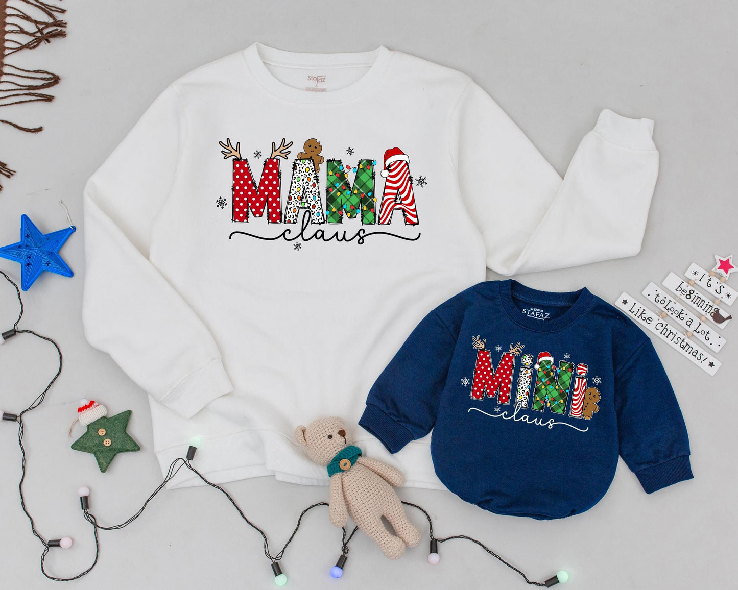Personalized Retro Mama and Mini Claus Christmas Sweatshirts Mommy and Me Matching Family Outfits with Festive Patterns and Antlers
